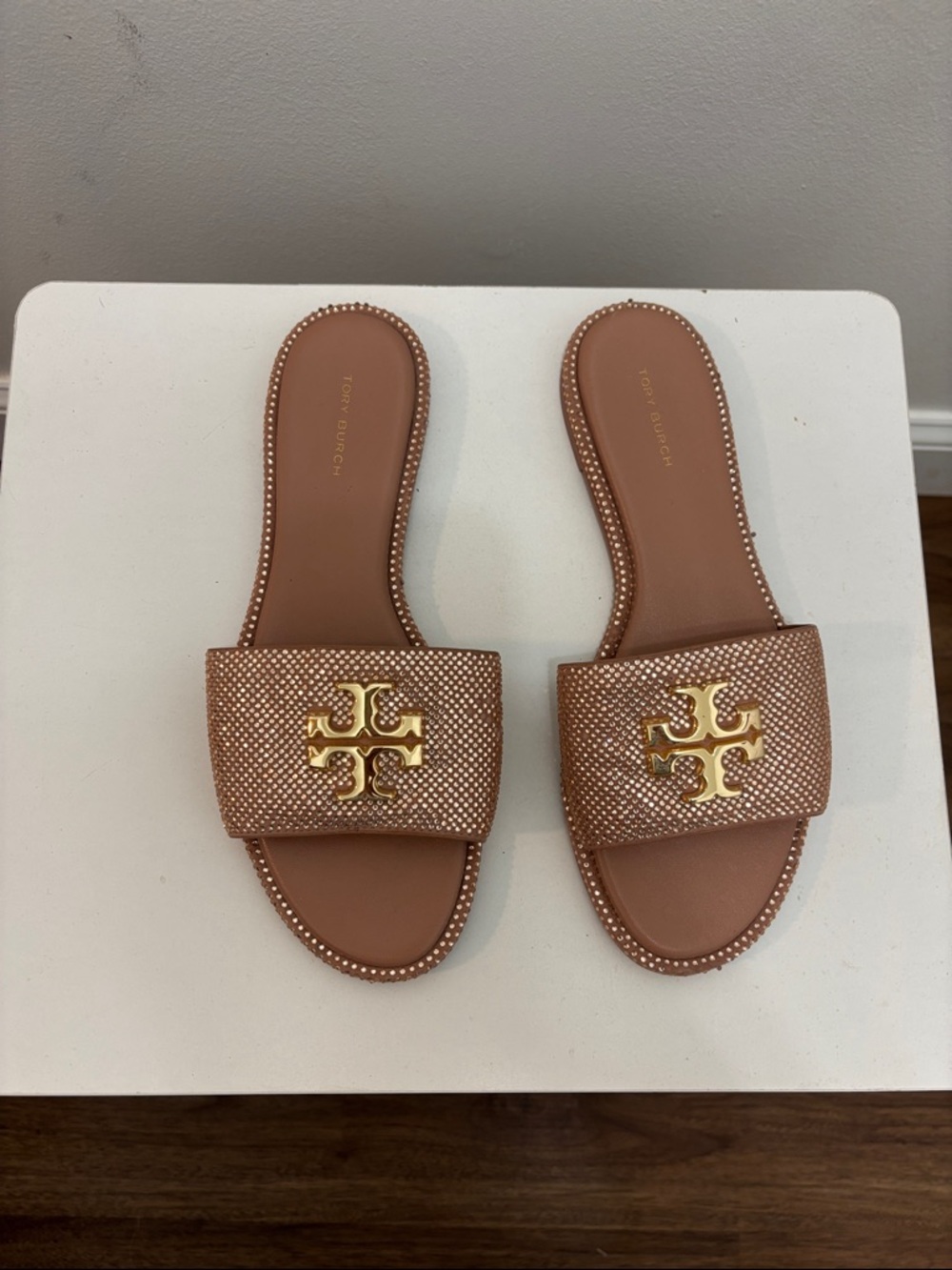 Tory Burch Rose Gold Logo Slide Sandals